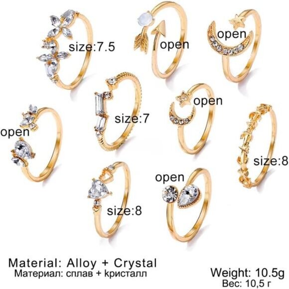 Bohemian 9-Piece Gold Crystal Ring Set – Adjustable Fashion Statement Jewelry - Picture 6 of 7